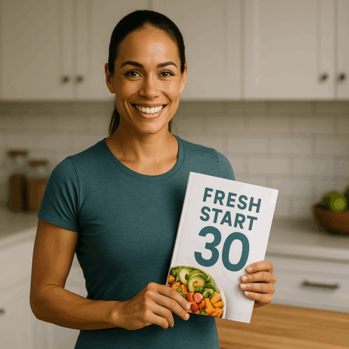 Confident person holding Fresh Start 30 meal plan showing 17 day habit formation breakthrough in bright modern kitchen - Fresh Start 30: A Journey To Better Health Confident person holding Fresh Start 30 meal plan showing 17 day habit formation breakthrough in bright modern kitchen